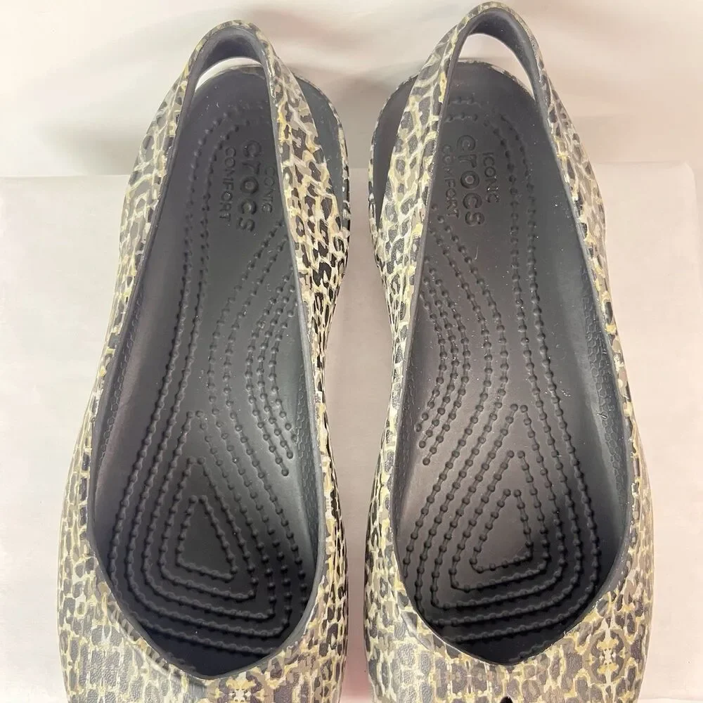Crocs Women Leopard Print Slip On Flats Coastal Grandma Shoes Size W5 Black Gray